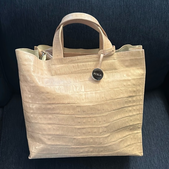 Furla Handbags - Furla Baby Pink Crocodile-Textured Tote Bag